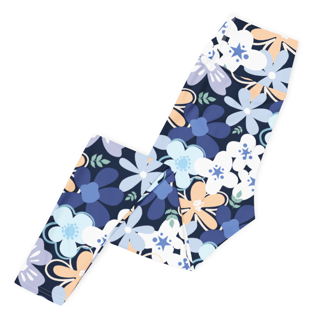 Women's Navy Blue Flowers Buttery Soft Yoga Leggings - Quick Drying, High Waisted Comfort