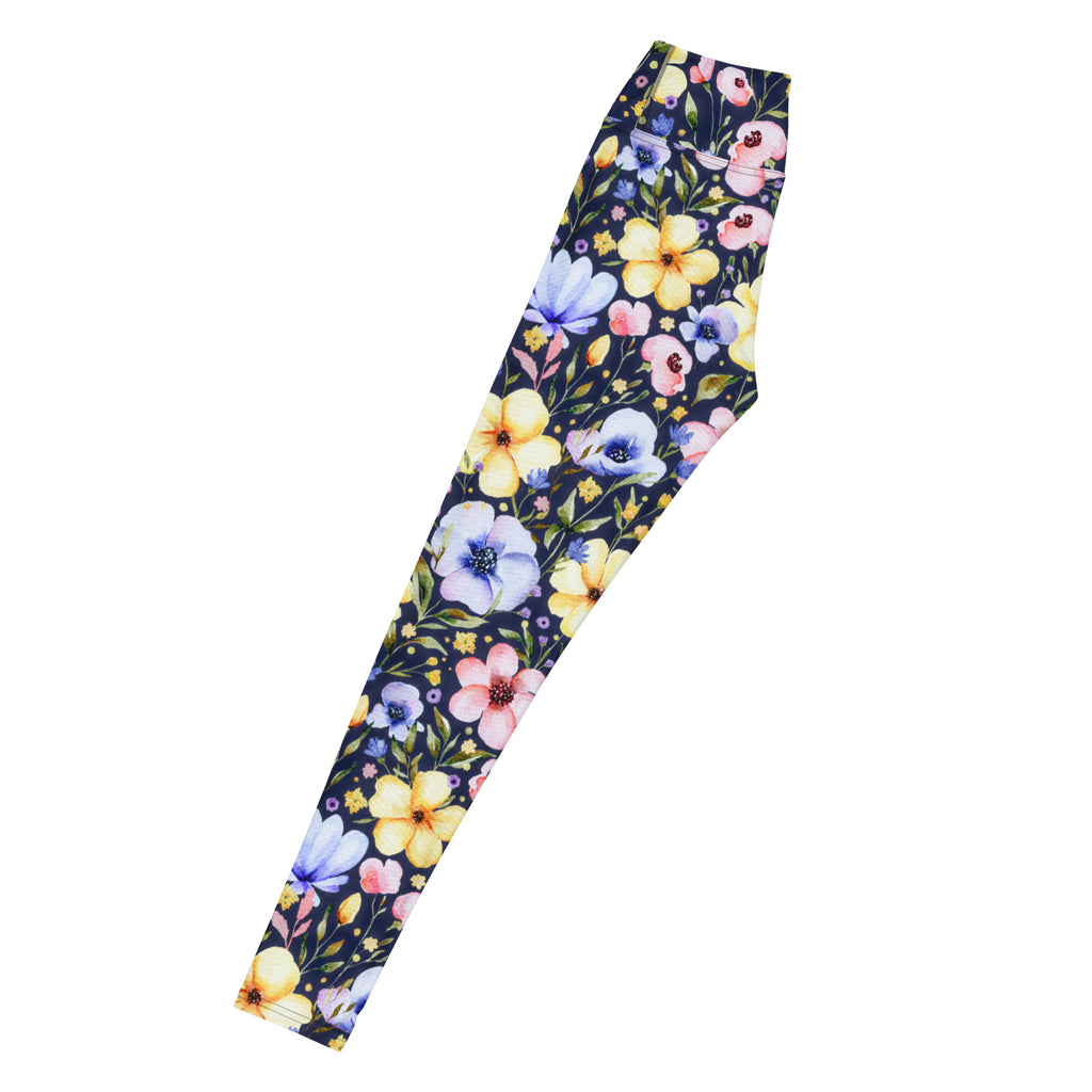 Women's Navy Watercolor Floral Buttery Soft Yoga Leggings - Quick Drying, High Waisted Comfort