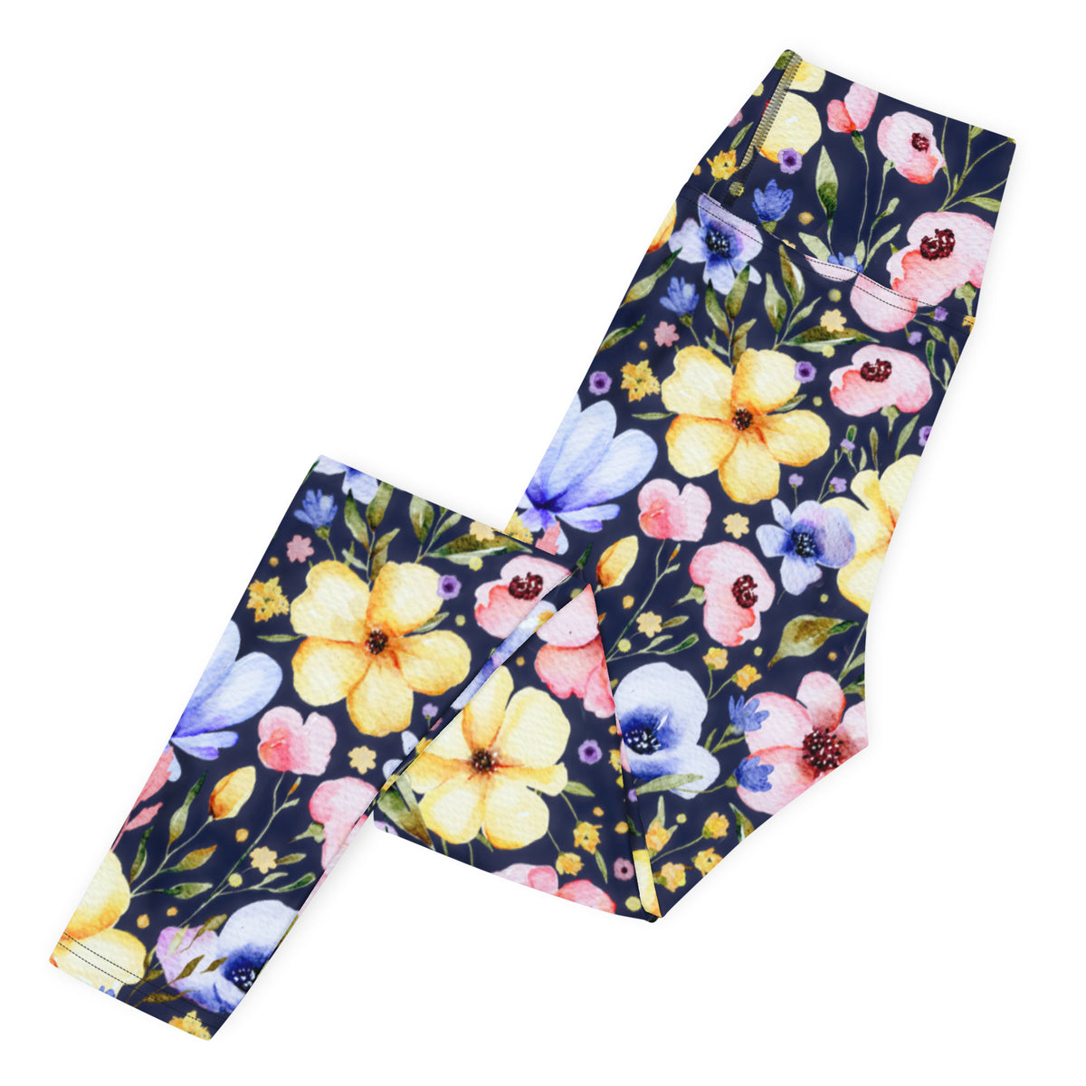 Women's Navy Watercolor Floral Buttery Soft Yoga Leggings - Quick Drying, High Waisted Comfort