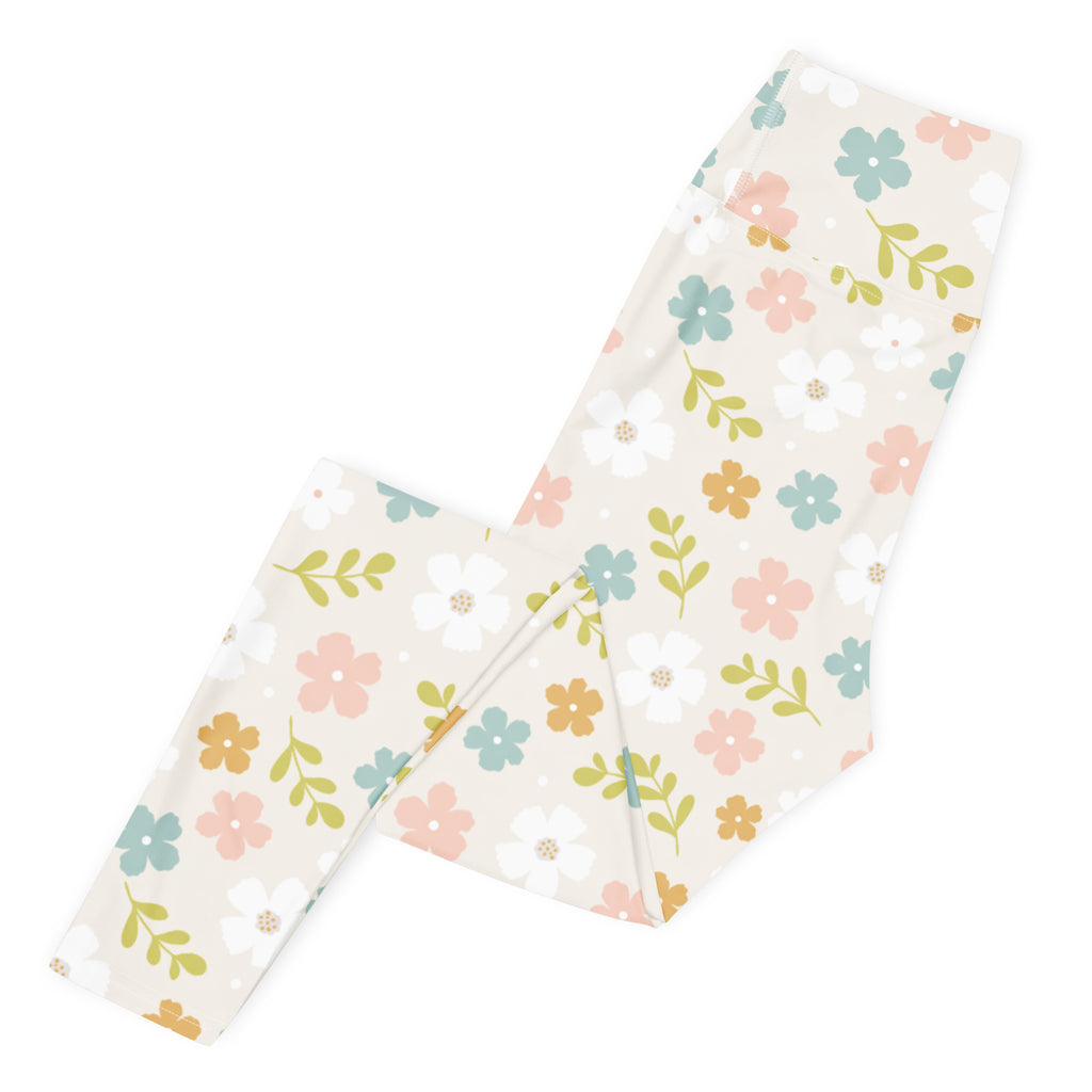 Women's Cream Floral Buttery Soft Yoga Leggings - Quick Drying, High Waisted Comfort