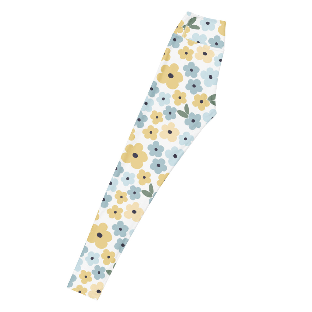 Women's Blue Yellow Floral Buttery Soft Yoga Leggings - Quick Drying, High Waisted Comfort