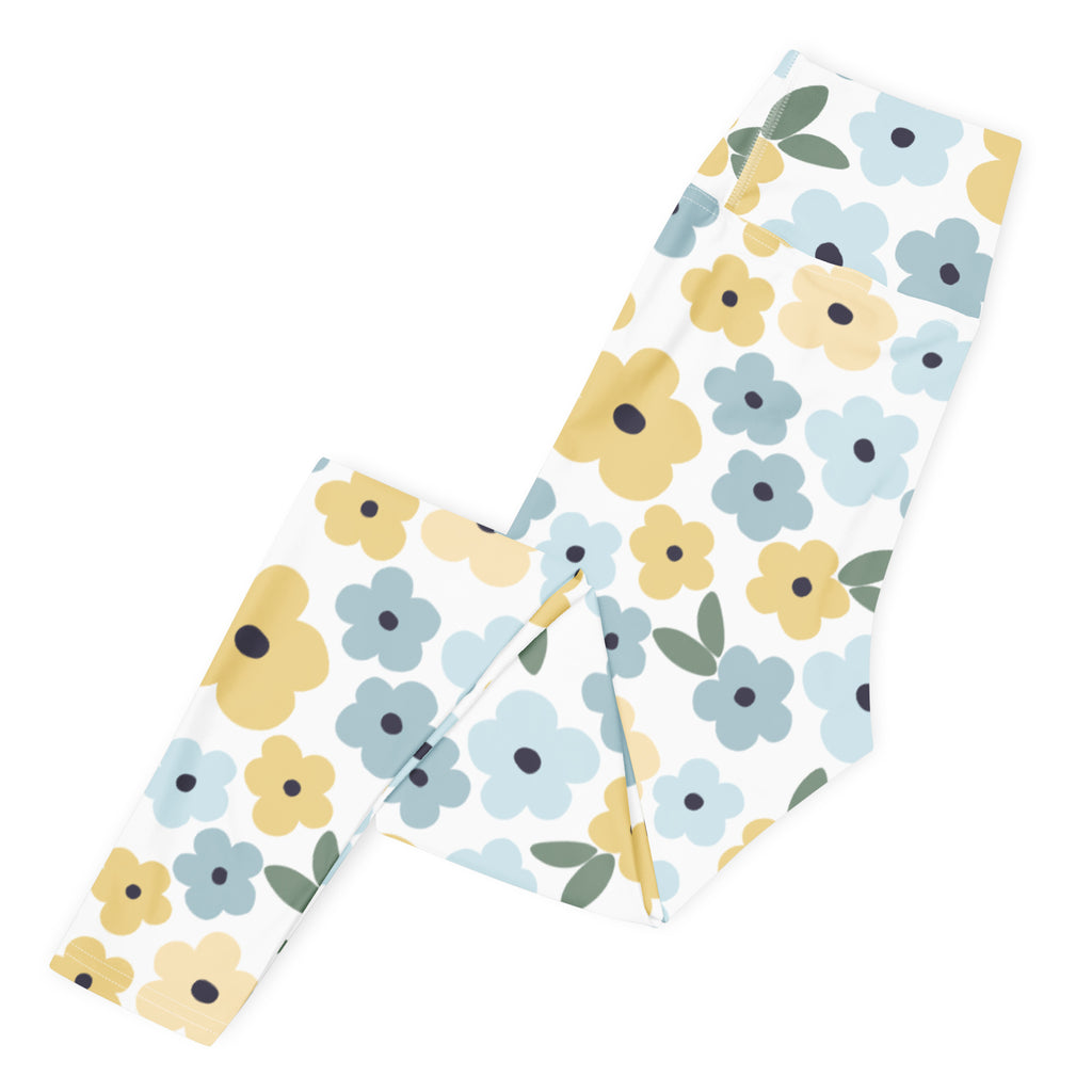 Women's Blue Yellow Floral Buttery Soft Yoga Leggings - Quick Drying, High Waisted Comfort