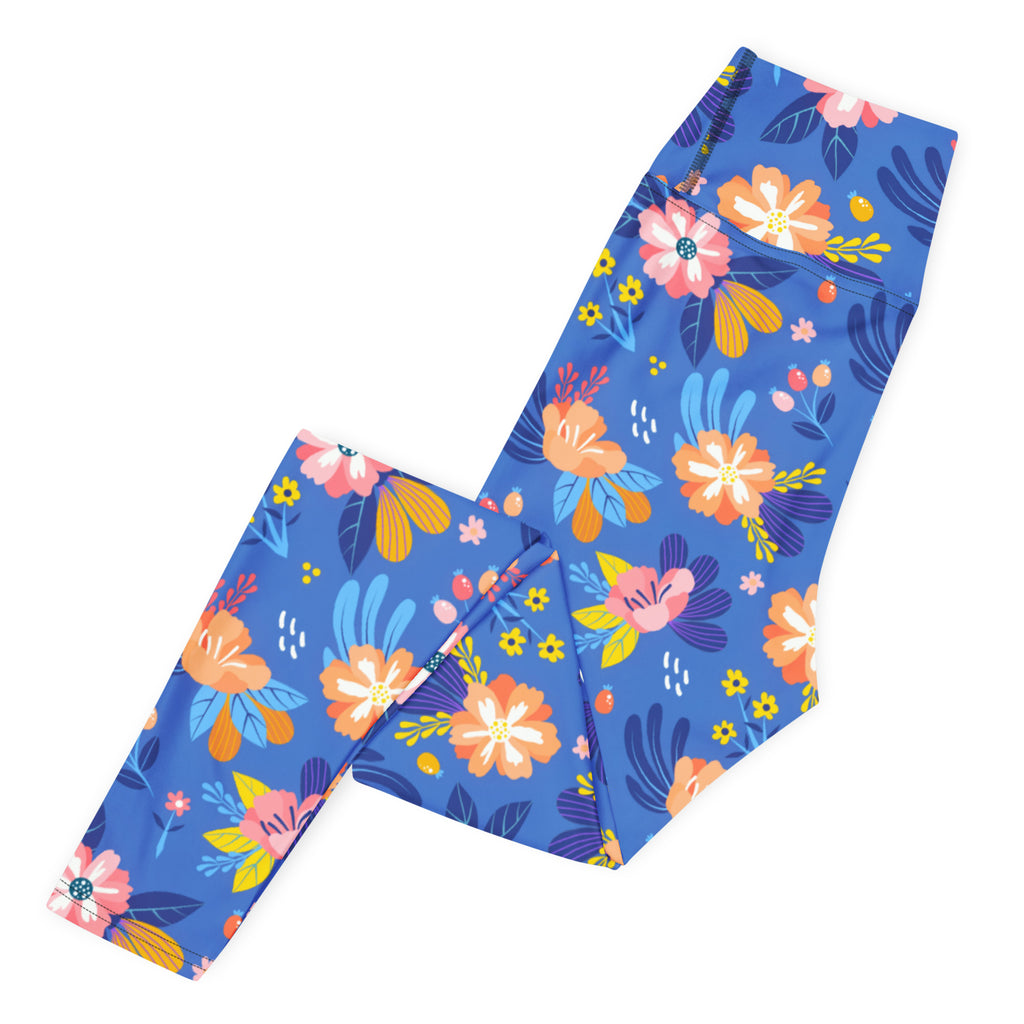 Women's Colorful Blue Floral Buttery Soft Yoga Leggings - Quick Drying, High Waisted Comfort