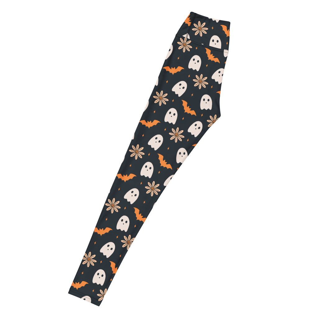 Women's Orange Floral Ghost Halloween Buttery Soft Yoga Leggings - Quick Drying, High Waisted Comfort