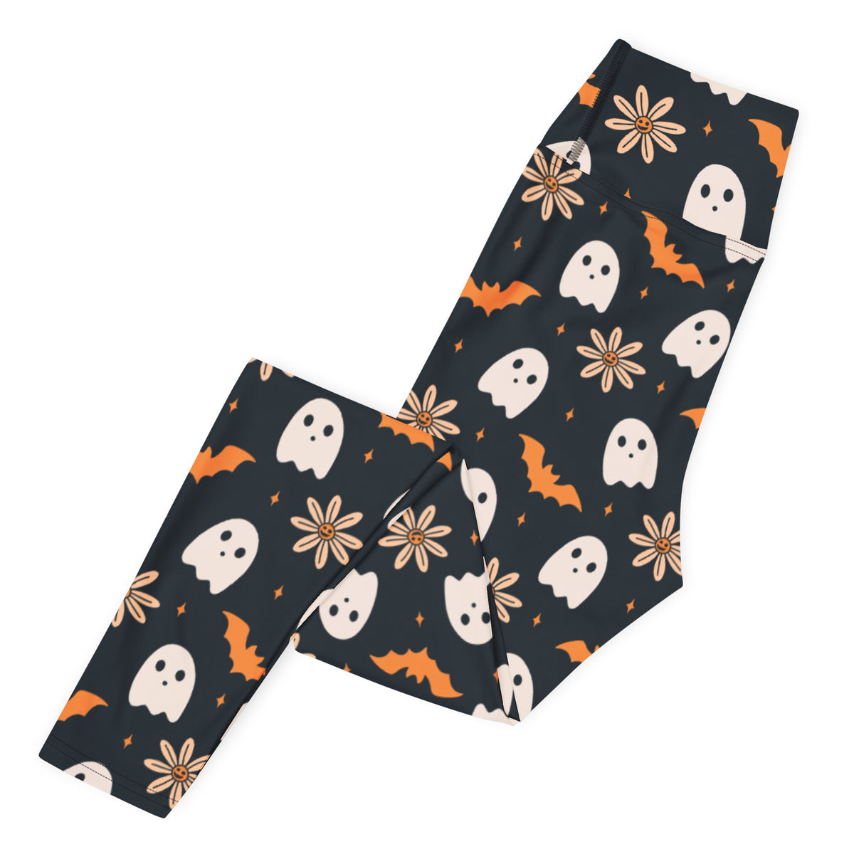 Women's Orange Floral Ghost Halloween Buttery Soft Yoga Leggings - Quick Drying, High Waisted Comfort