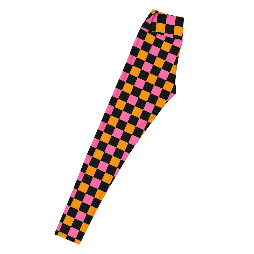 Women's Pink Orange Black Checkered Halloween Buttery Soft Yoga Leggings - Quick Drying, High Waisted Comfort