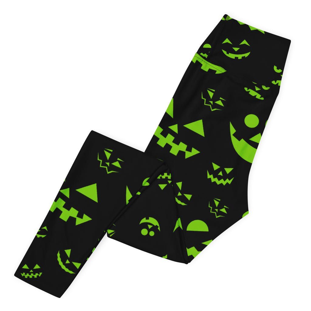 Women's Green Jack-O'-Lantern Faces Halloween Buttery Soft Yoga Leggings - Quick Drying, High Waisted Comfort