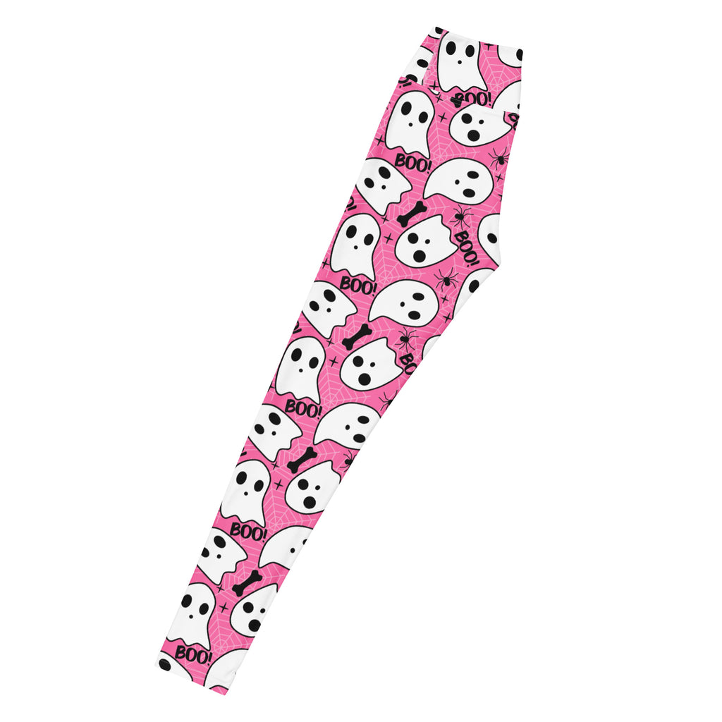 Women's Pink Ghost Halloween Themed Buttery Soft Yoga Leggings - Quick Drying, High Waisted Comfort