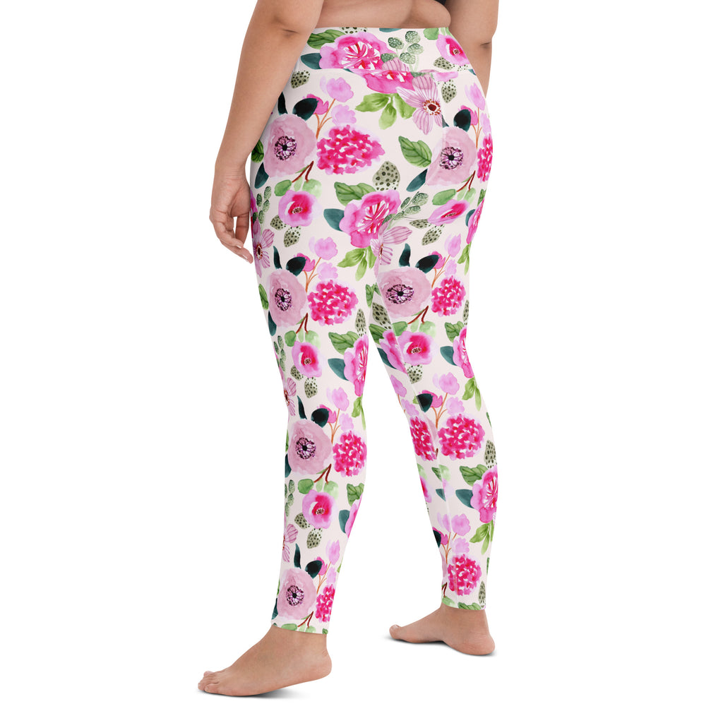 Women's Pink Watercolor Floral Buttery Soft Yoga Leggings - Quick Drying, High Waisted Comfort
