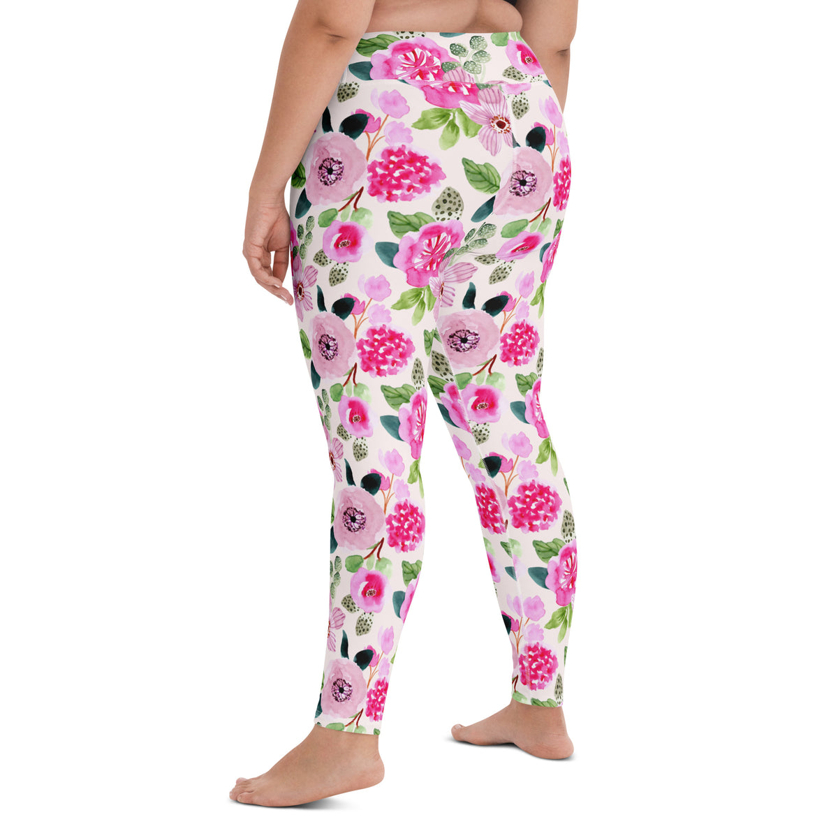 Women's Pink Watercolor Floral Buttery Soft Yoga Leggings - Quick Drying, High Waisted Comfort