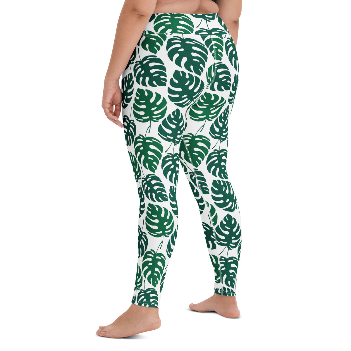 Women's Green Monstera Leaf Buttery Soft Yoga Leggings - Quick Drying, High Waisted Comfort