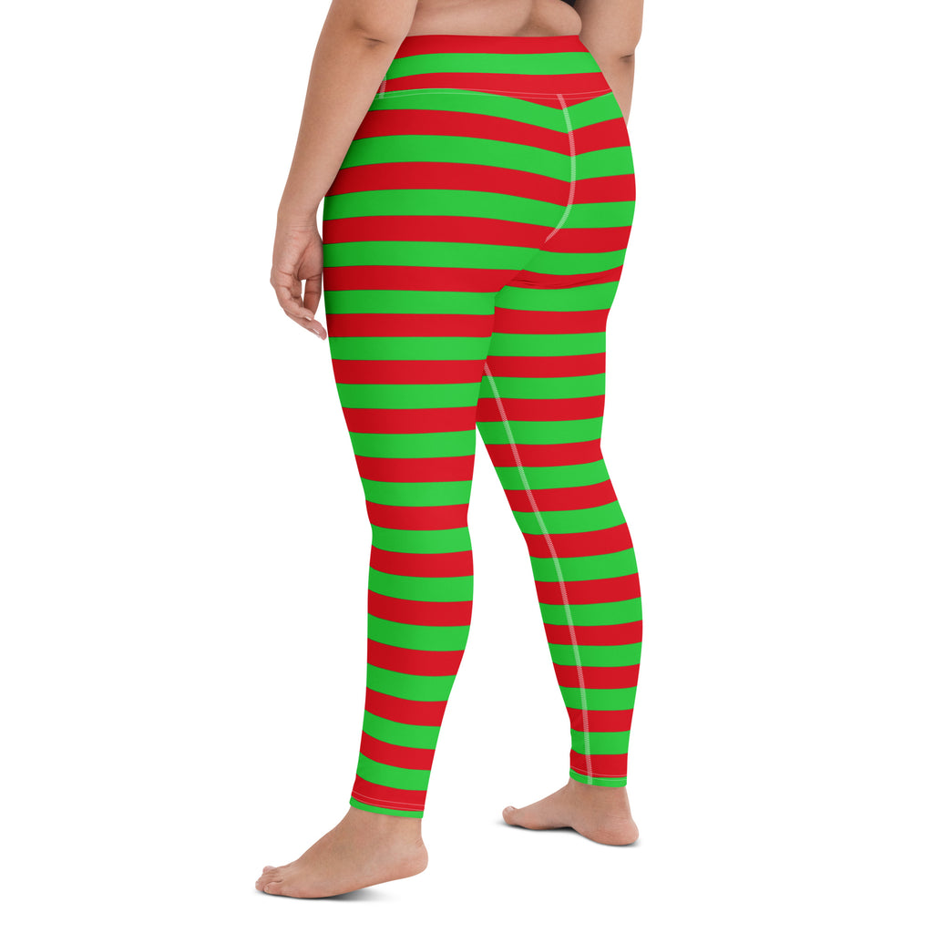 Women's Red & Green Striped Christmas Buttery Soft Yoga Leggings - Quick Drying, High Waisted Comfort