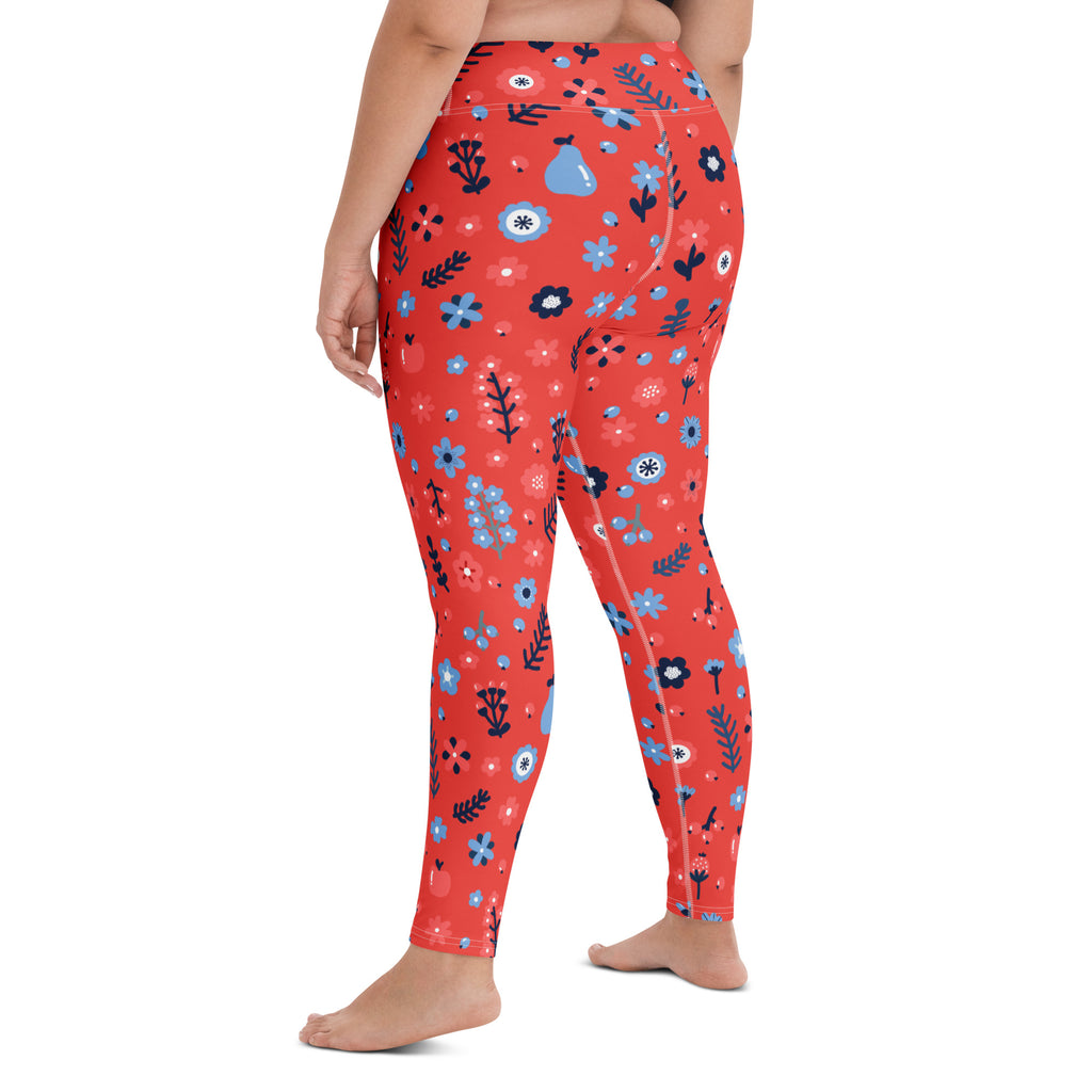 Women's Red Floral Buttery Soft Yoga Leggings - Quick Drying, High Waisted Comfort