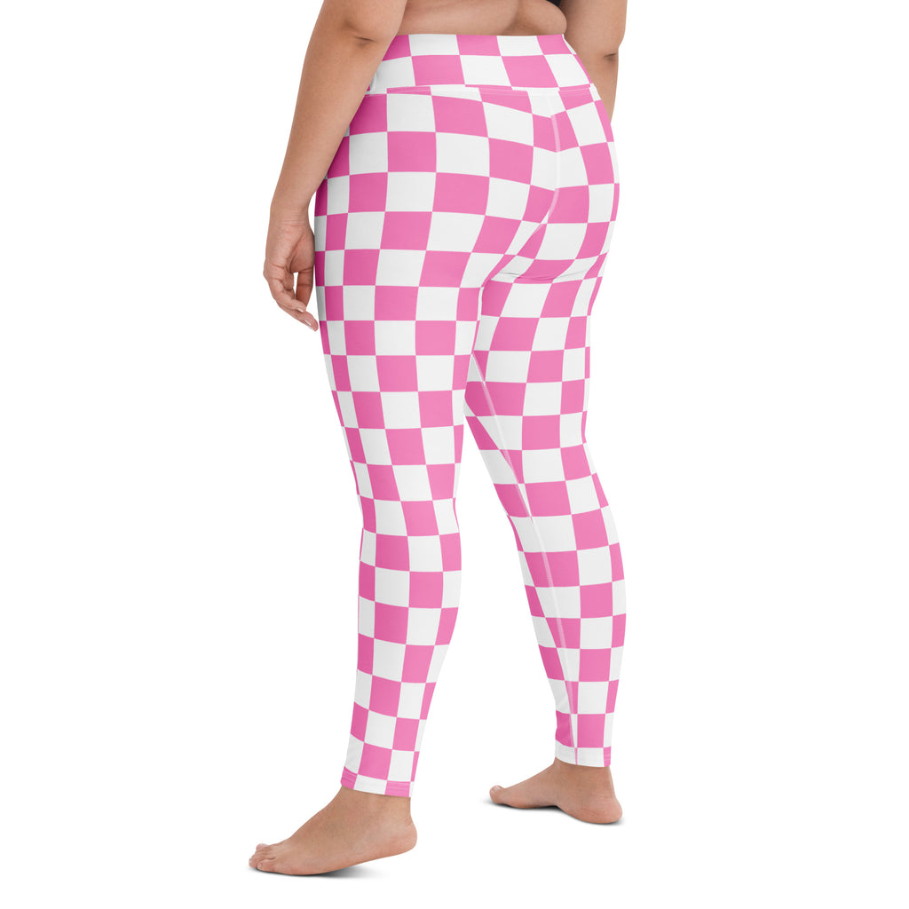 Women's Pink Checkered Buttery Soft Yoga Leggings - Quick Drying, High Waisted Comfort