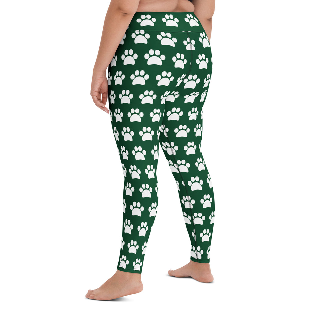 Women's Forest Green Paw Print Buttery Soft Yoga Leggings - Quick Drying, High Waisted Comfort