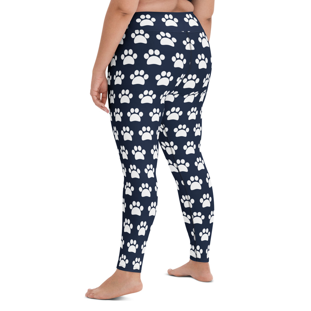 Women's Navy Blue Paw Print Buttery Soft Yoga Leggings - Quick Drying, High Waisted Comfort