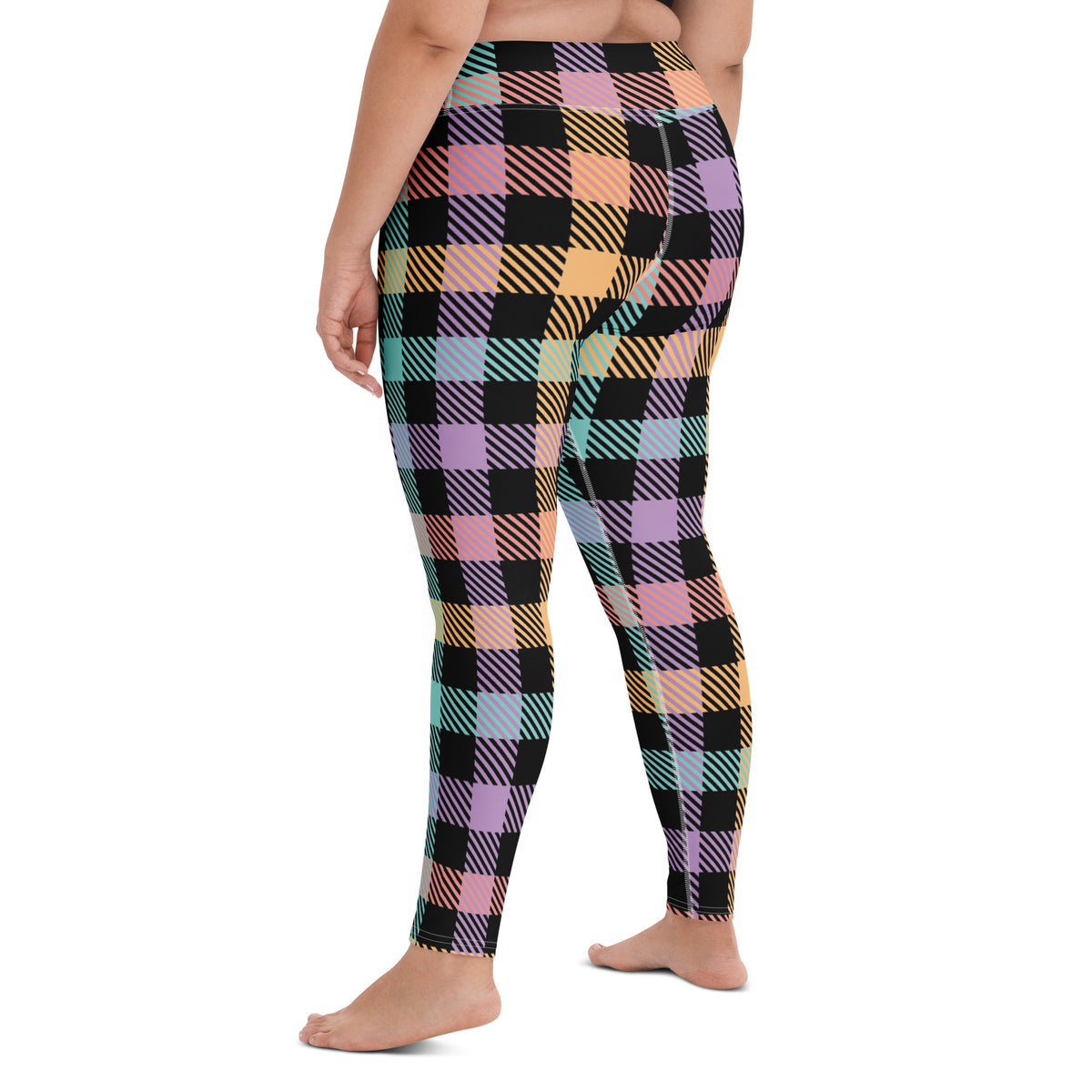 Women's Colorful Black Pastel Plaid Buttery Soft Yoga Leggings - Quick Drying, High Waisted Comfort