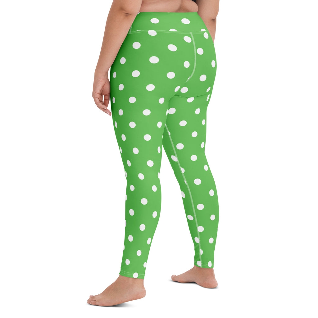 Women's Green Polka Dot Buttery Soft Yoga Leggings - Quick Drying, High Waisted Comfort
