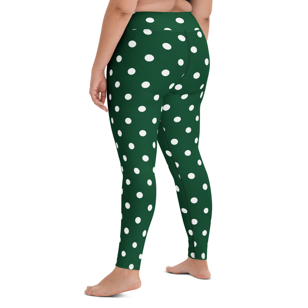 Women's Forest Green Polka Dot Buttery Soft Yoga Leggings - Quick Drying, High Waisted Comfort