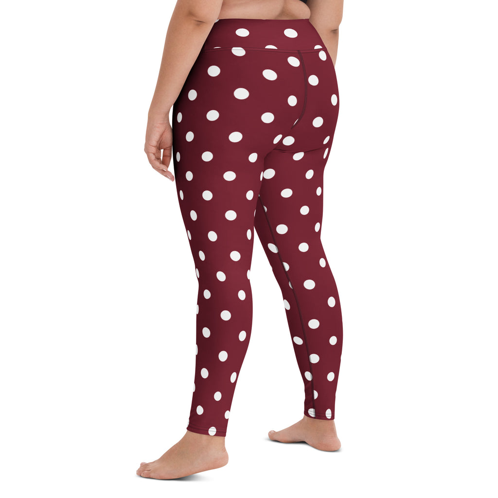 Women's Burgundy Polka Dot Buttery Soft Yoga Leggings - Quick Drying, High Waisted Comfort
