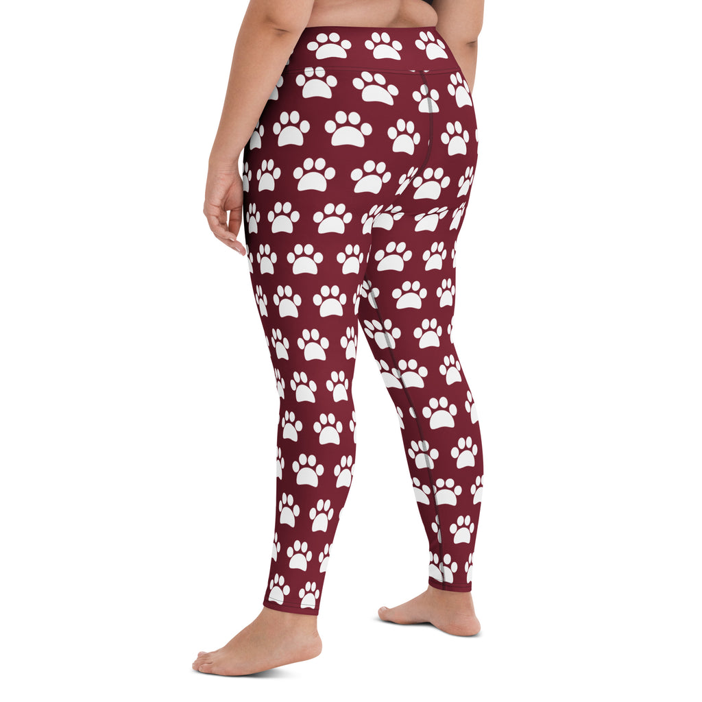 Women's Burgundy Paw Print Buttery Soft Yoga Leggings - Quick Drying, High Waisted Comfort