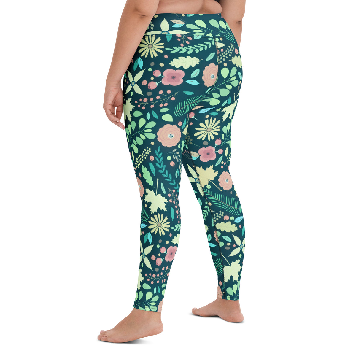 Women's Dark Green Floral Buttery Soft Yoga Leggings - Quick Drying, High Waisted Comfort