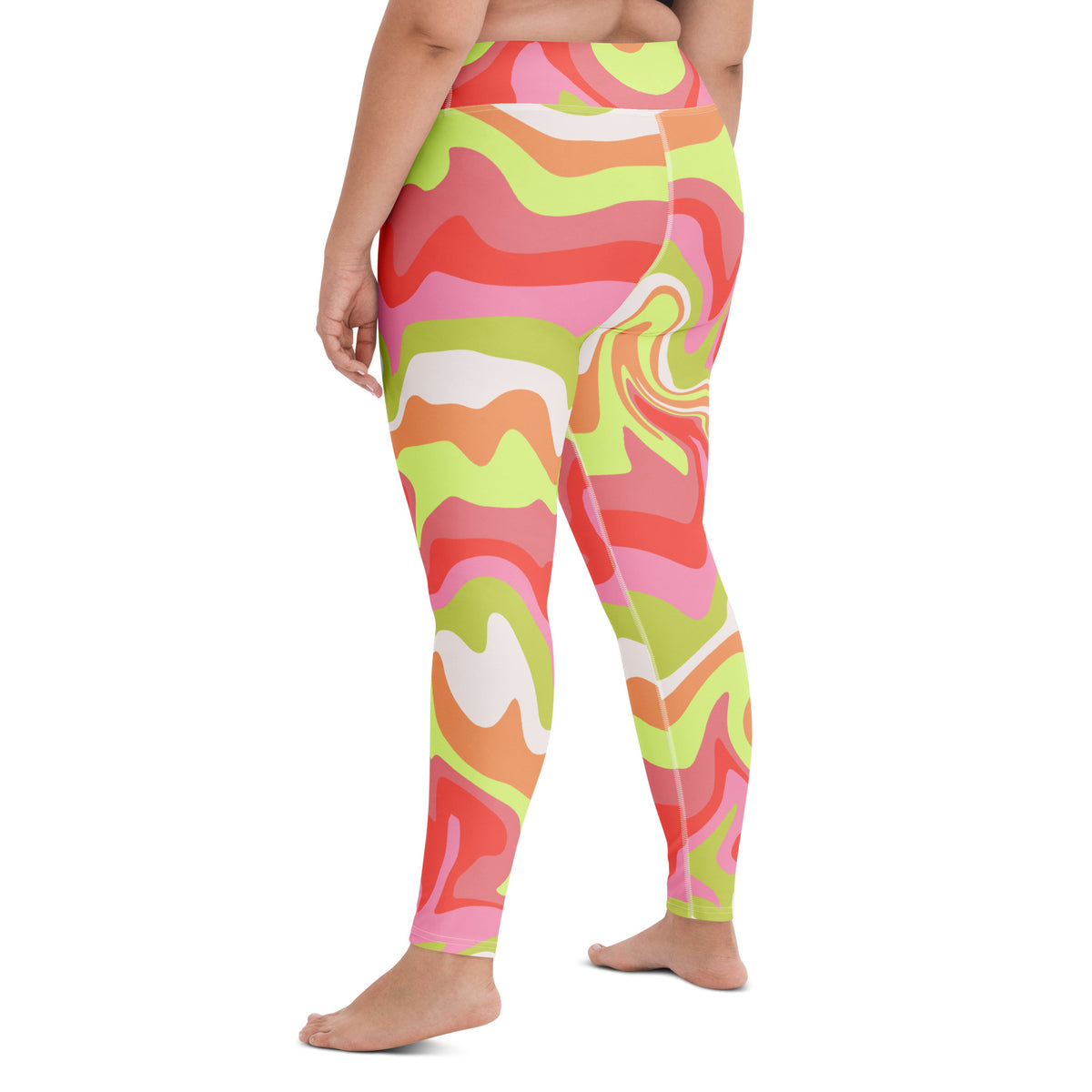 Women's Pink Green Retro Swirl Buttery Soft Yoga Leggings - Quick Drying, High Waisted Comfort