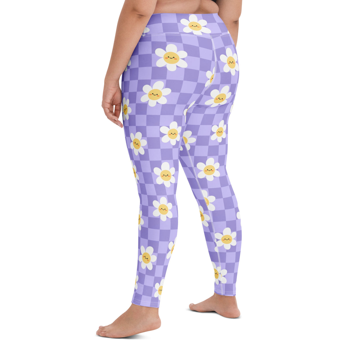 Women's Purple Daisy Checkered Buttery Soft Yoga Leggings - Quick Drying, High Waisted Comfort