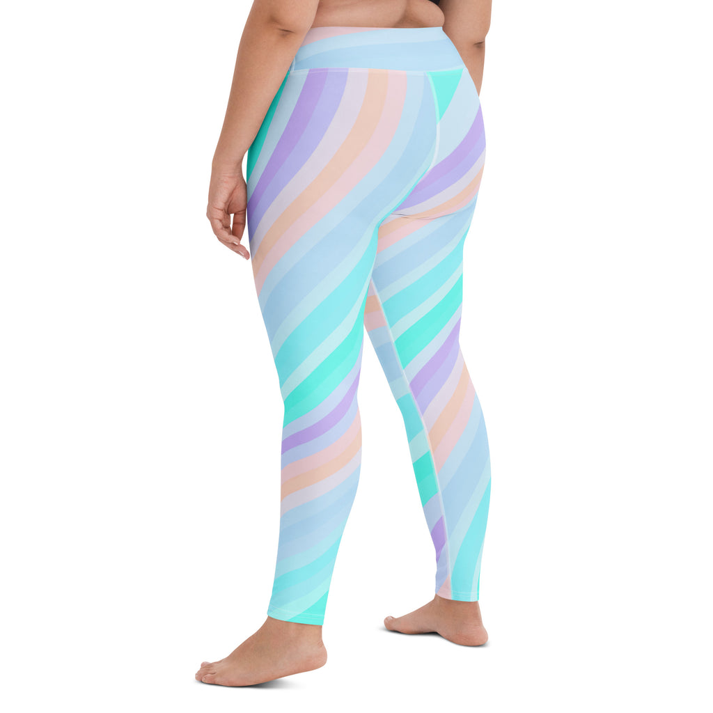 Women's Pastel Blue Rainbow Striped Buttery Soft Yoga Leggings - Quick Drying, High Waisted Comfort