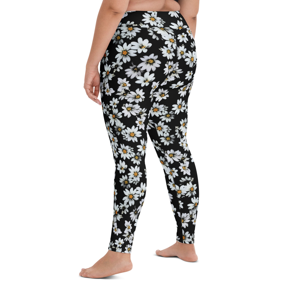 Women's Black Daisy Floral Buttery Soft Yoga Leggings - Quick Drying, High Waisted Comfort