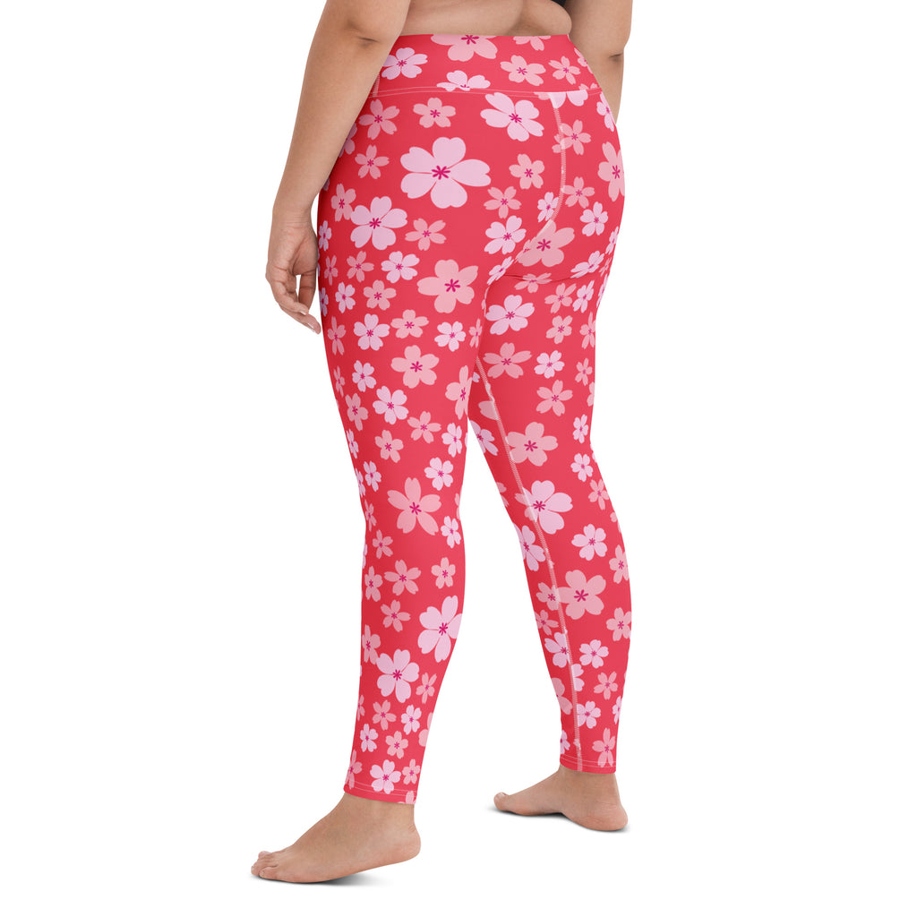Women's Bright Pink Cherry Blossom Buttery Soft Yoga Leggings - Quick Drying, High Waisted Comfort