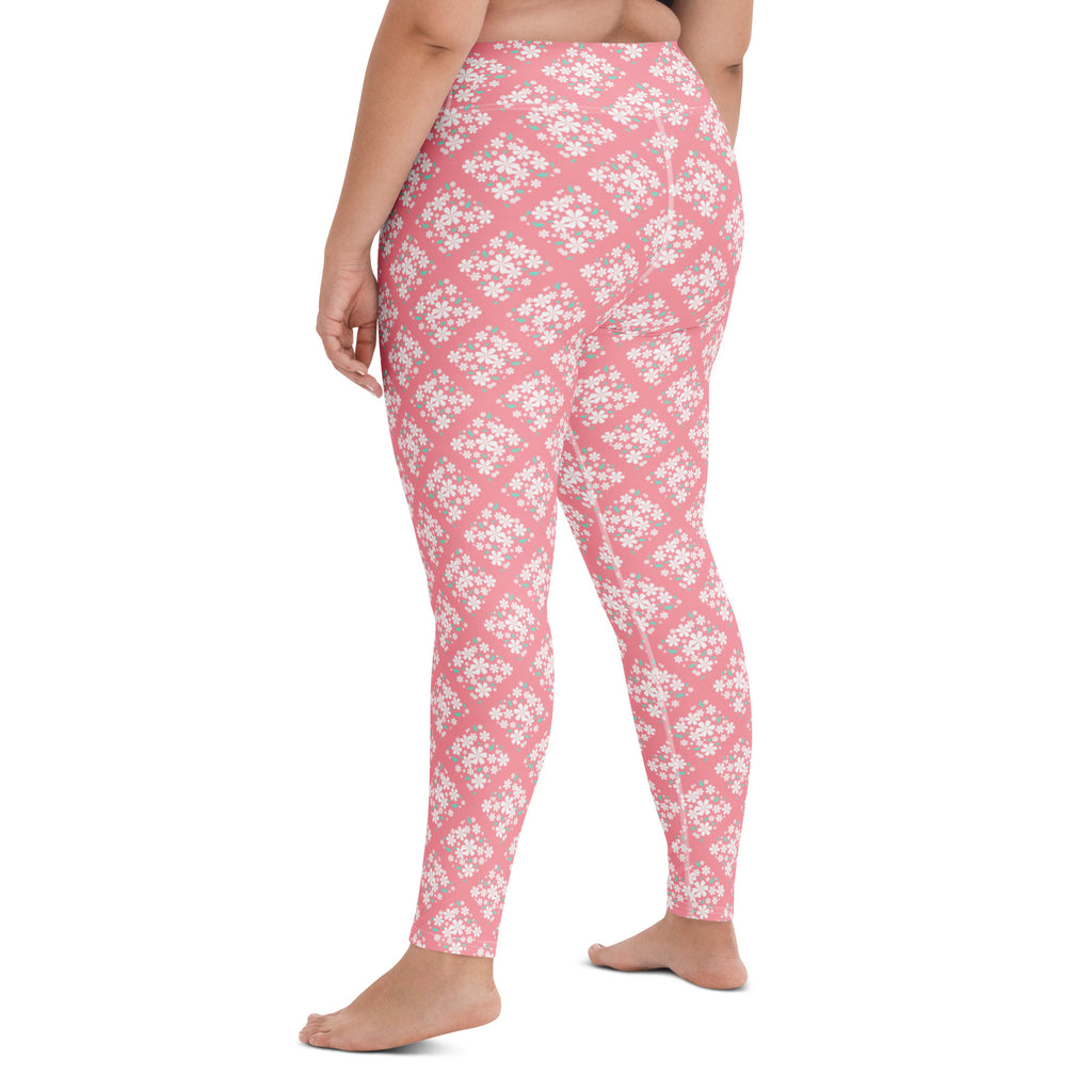 Women's Pink Floral Diamond Buttery Soft Yoga Leggings - Quick Drying, High Waisted Comfort