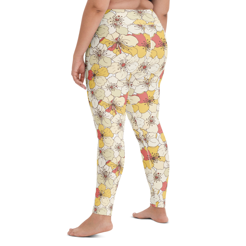 Women's Vintage Cream Floral Buttery Soft Yoga Leggings - Quick Drying, High Waisted Comfort