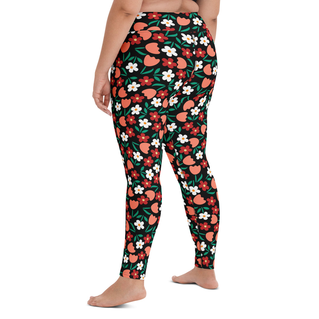 Women's Coral Red Floral Buttery Soft Yoga Leggings - Quick Drying, High Waisted Comfort