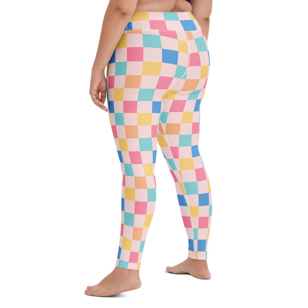 Women's Colorful Pastel Checkered Buttery Soft Yoga Leggings - Quick Drying, High Waisted Comfort