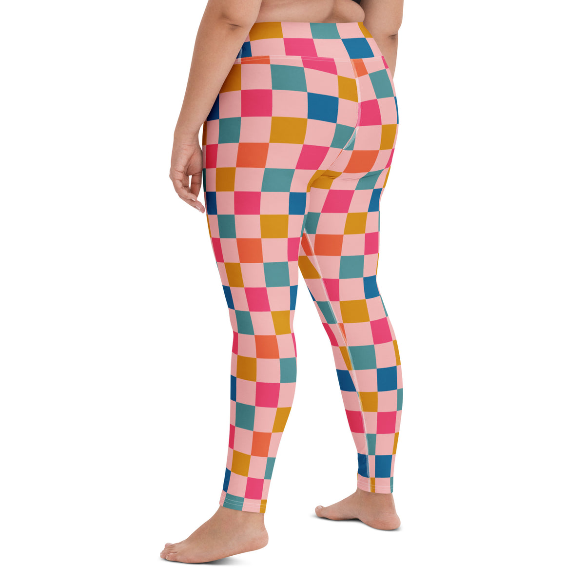 Women's Colorful Pink Checkered Buttery Soft Yoga Leggings - Quick Drying, High Waisted Comfort