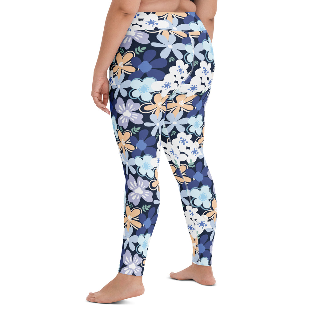 Women's Navy Blue Flowers Buttery Soft Yoga Leggings - Quick Drying, High Waisted Comfort