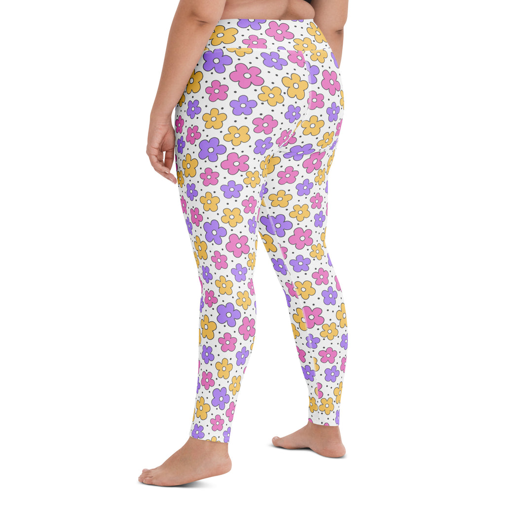 Women's Pink Purple Yellow Floral Buttery Soft Yoga Leggings - Quick Drying, High Waisted Comfort