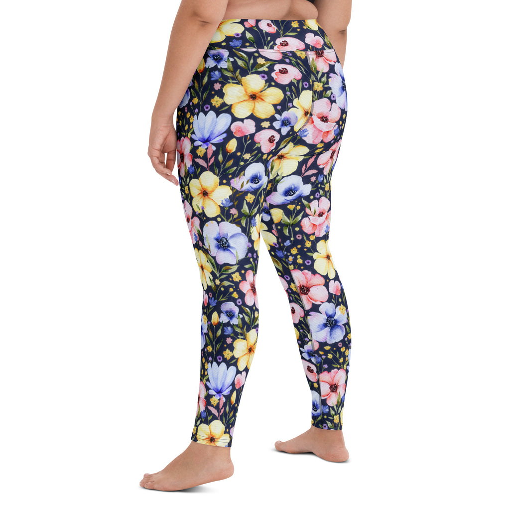 Women's Navy Watercolor Floral Buttery Soft Yoga Leggings - Quick Drying, High Waisted Comfort