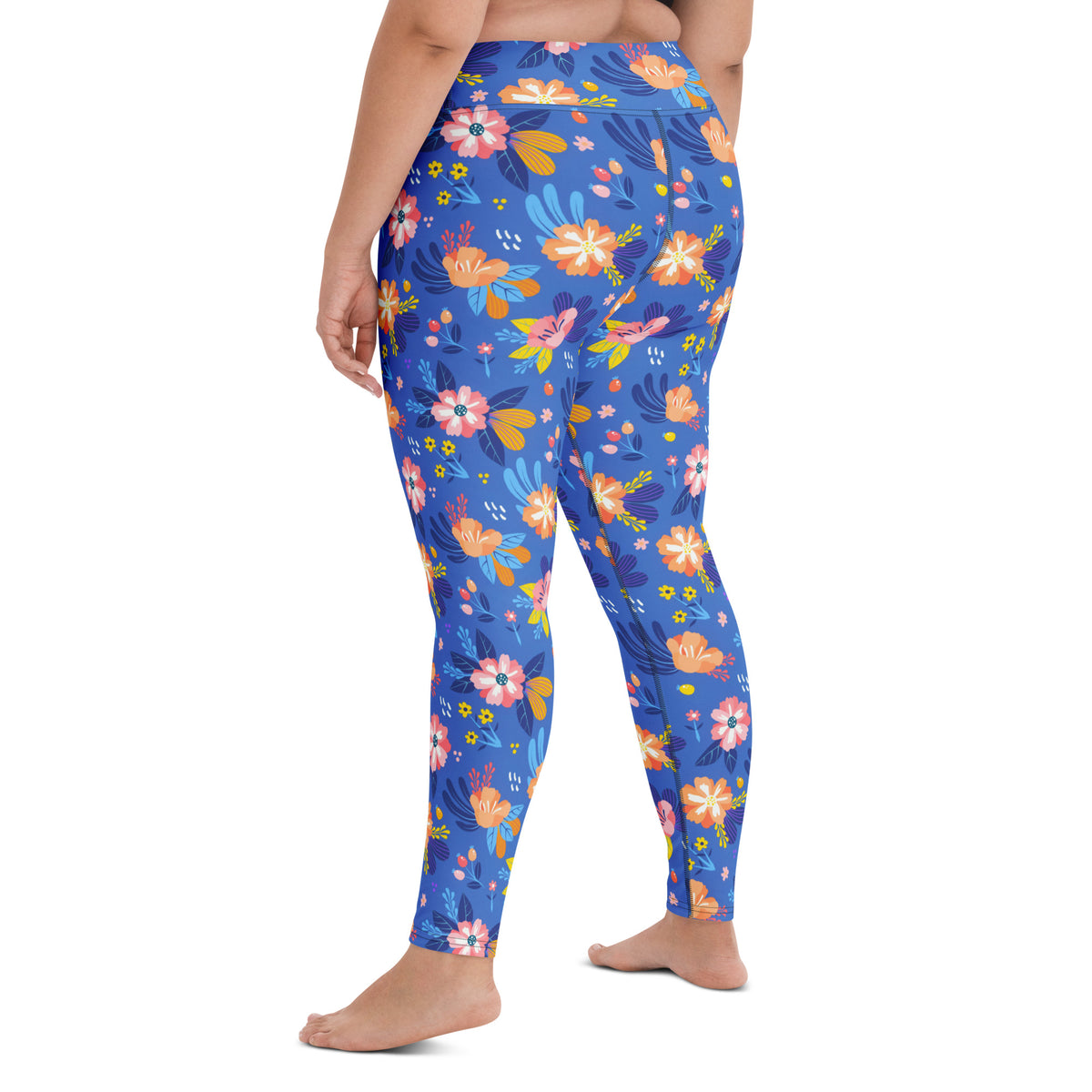 Women's Colorful Blue Floral Buttery Soft Yoga Leggings - Quick Drying, High Waisted Comfort