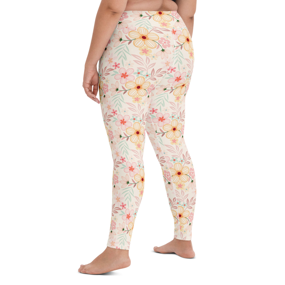 Women's Peach Pink Floral Buttery Soft Yoga Leggings - Quick Drying, High Waisted Comfort