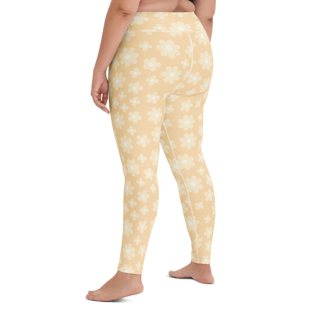 Women's Beige Daisy Buttery Soft Yoga Leggings - Quick Drying, High Waisted Comfort