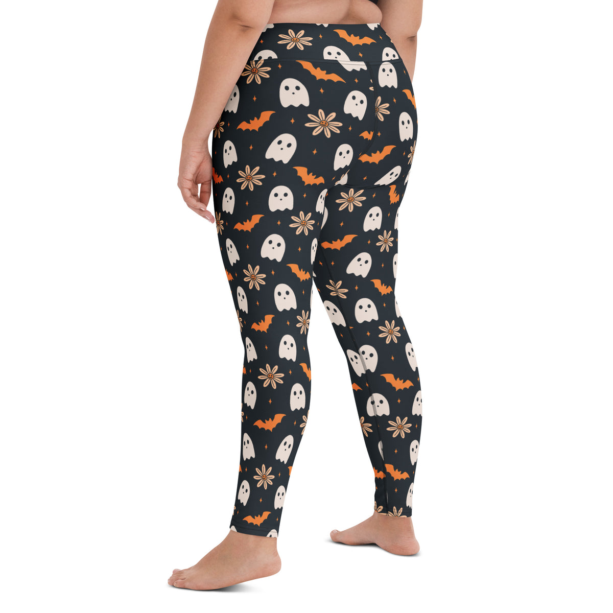 Women's Orange Floral Ghost Halloween Buttery Soft Yoga Leggings - Quick Drying, High Waisted Comfort