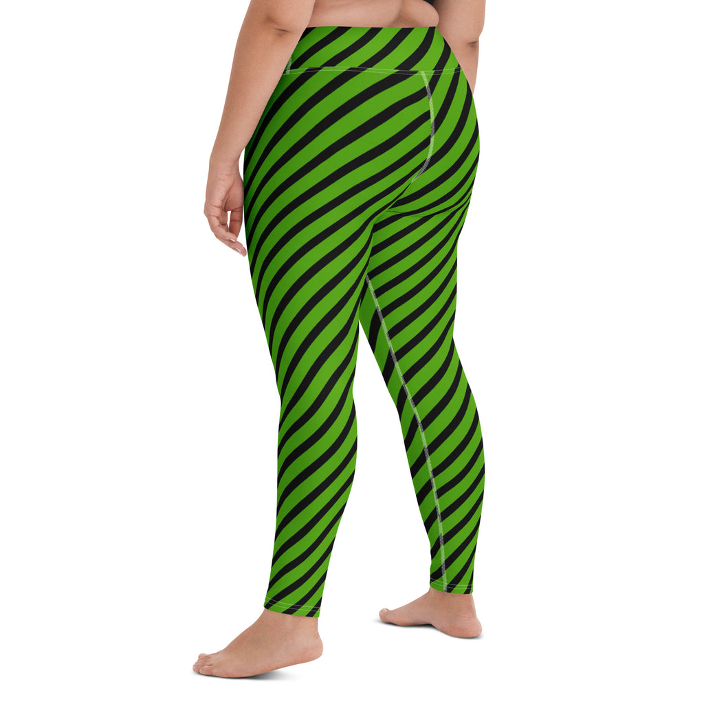 Women's Green Black Striped Halloween Buttery Soft Yoga Leggings - Quick Drying, High Waisted Comfort