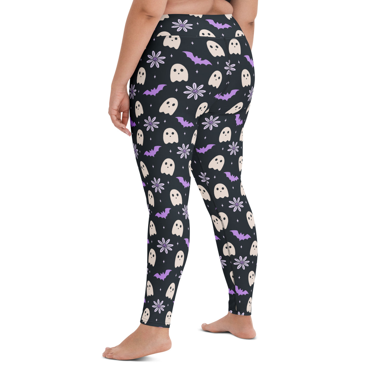 Women's Purple Floral Ghost Halloween Buttery Soft Yoga Leggings - Quick Drying, High Waisted Comfort