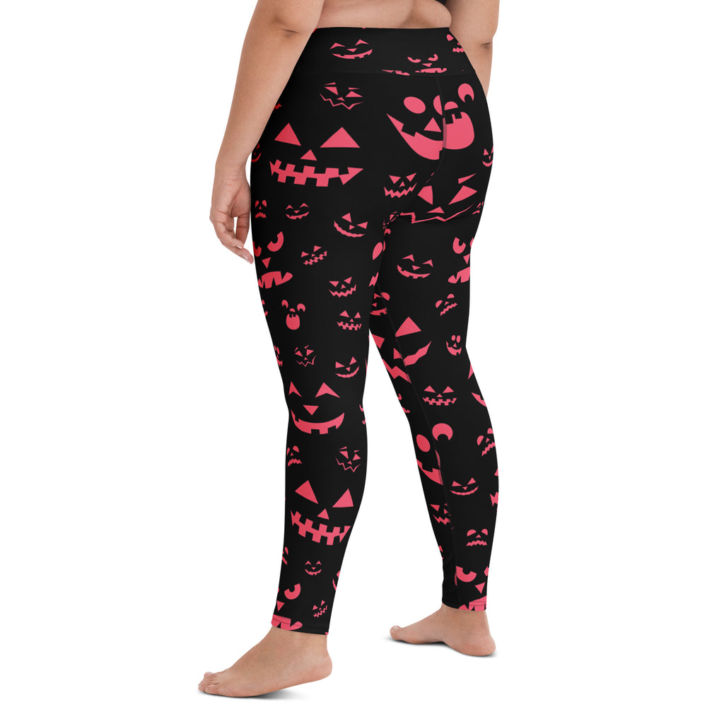 Women's Pink Jack-O'-Lantern Faces Halloween Buttery Soft Yoga Leggings - Quick Drying, High Waisted Comfort