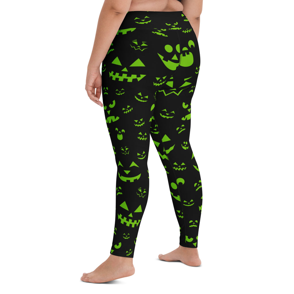 Women's Green Jack-O'-Lantern Faces Halloween Buttery Soft Yoga Leggings - Quick Drying, High Waisted Comfort
