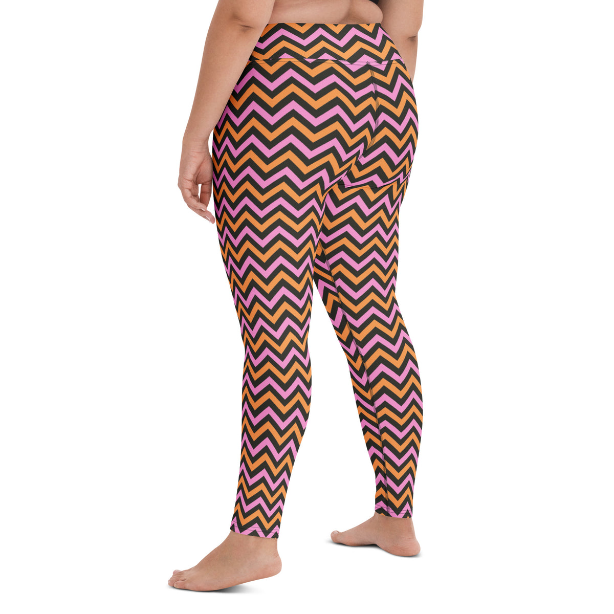 Women's Pink & Orange Chevron Striped Halloween Buttery Soft Yoga Leggings - Quick Drying, High Waisted Comfort