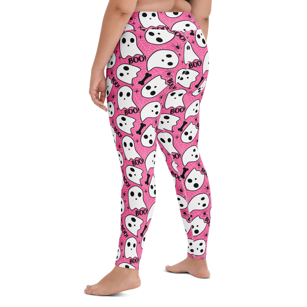 Women's Pink Ghost Halloween Themed Buttery Soft Yoga Leggings - Quick Drying, High Waisted Comfort