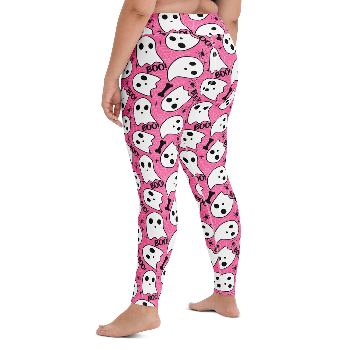 Women's Pink Ghost Halloween Themed Buttery Soft Yoga Leggings - Quick Drying, High Waisted Comfort